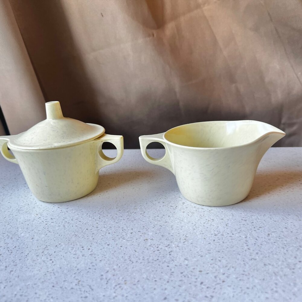 Imperial Ware Melamine Speckled Yellow Creamer Sugar Dish & Lid MCM Melmac